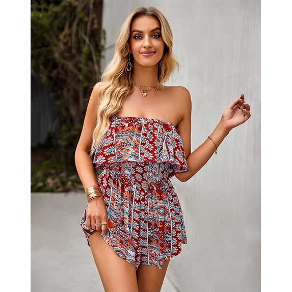 NAYTOAO Women's Bohemian Print Strapless Tube Top Romper, Ruffle Smocked Waist Summer Short Jumpsuit