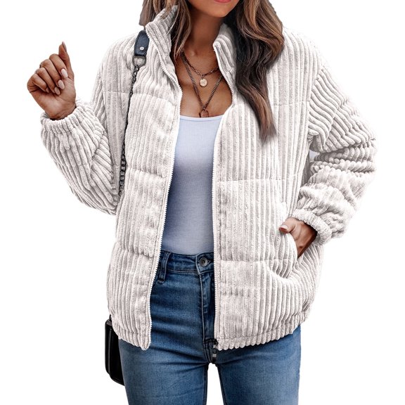 NAYTOAO Women's Bomber Jacket Corduroy Ribbed Quilted Zip Up Long Sleeve Winter Coat Fall Outerwear Tops with Pockets Beige XL