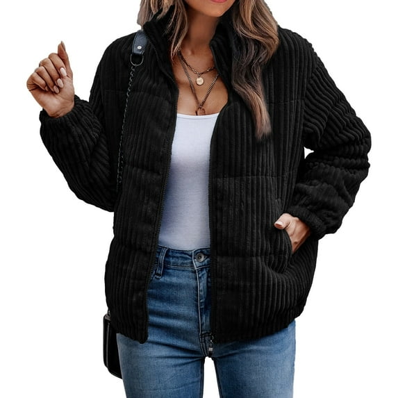 NAYTOAO Women's Bomber Jacket Corduroy Ribbed Quilted Zip Up Long Sleeve Winter Coat Fall Outerwear Tops with Pockets Black M