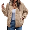 thumbnail image 1 of NAYTOAO Women's Bomber Jacket Corduroy Ribbed Quilted Zip Up Long Sleeve Winter Coat Fall Outerwear Tops with Pockets Light Khaki S, 1 of 5