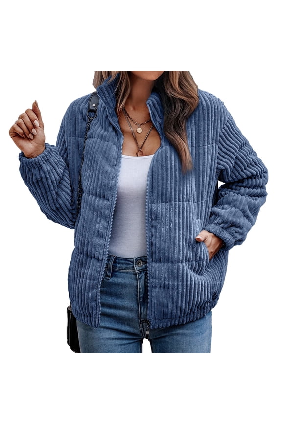 Women's Bomber Jacket Corduroy Ribbed Quilted Zip Up Long Sleeve Winter Coat Fall Outerwear Tops with Pockets Navy Blue L