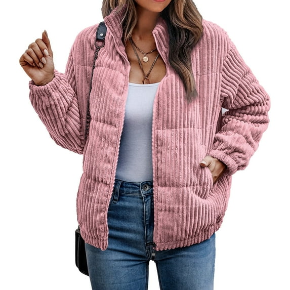 NAYTOAO Women's Bomber Jacket Corduroy Ribbed Quilted Zip Up Long Sleeve Winter Coat Fall Outerwear Tops with Pockets Pink XL