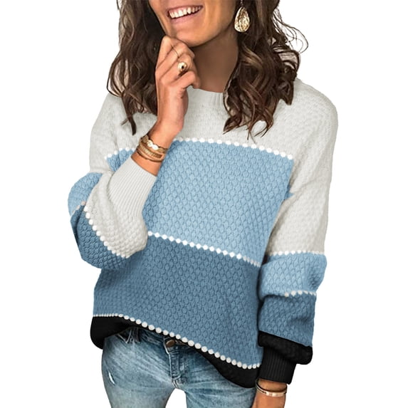 NAYTOAO Women's Color Block Striped Bubble Textured Crew Neck Lantern Sleeve Sweater