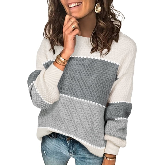 NAYTOAO Women's Color Block Striped Bubble Textured Crew Neck Lantern Sleeve Sweater