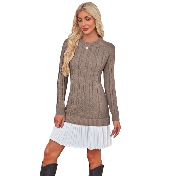 NAYTOAO Women's Crewneck Cable Knit Long Sleeve Sweater Dress with Pleated Hem Fall Winter Casual Pullover Mini Sweater Dress