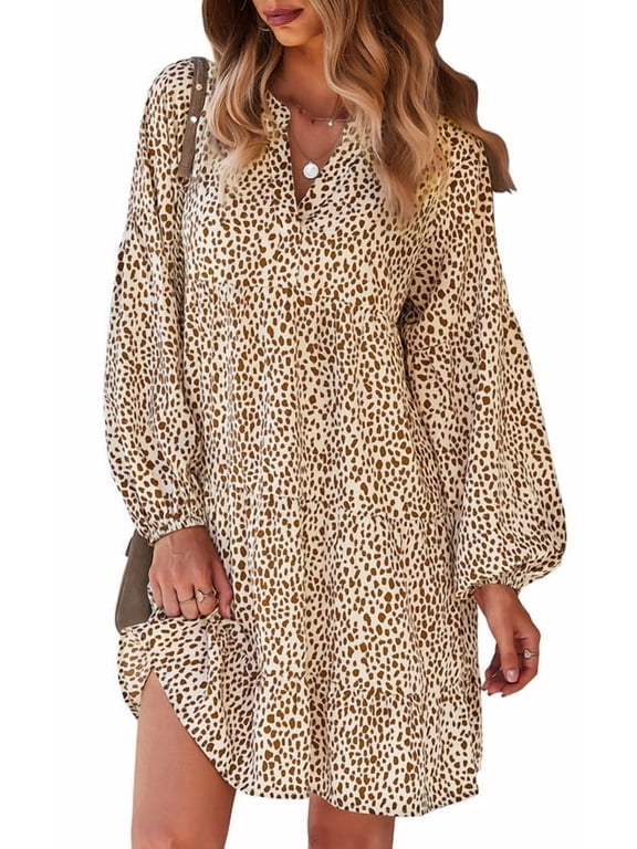 Women's Leopard Print Long Sleeve V Neck Tiered Mini Dress, Casual Loose Babydoll Tunic Dress for Daily Vacation Party