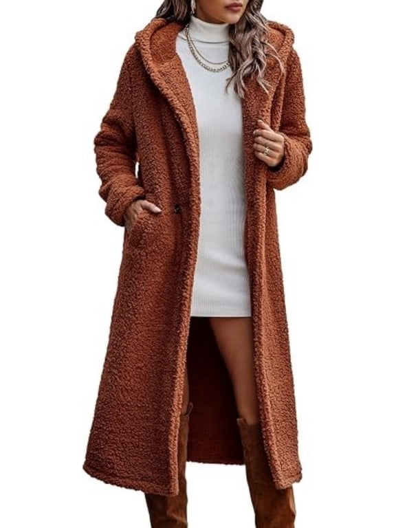 Women's Long Hooded Teddy Coat, Button Down Warm Fuzzy Sherpa Fleece Winter Outerwear