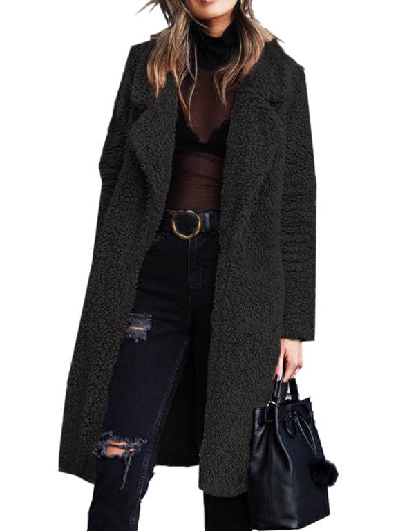 Women's Long Lapel Teddy Fleece Coat, Open Front Plush Jacket with Lining & Pockets for Fall Winter