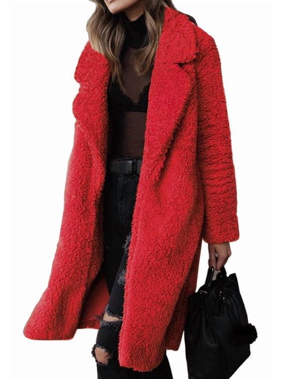 Women's Long Lapel Teddy Fleece Coat, Open Front Plush Jacket with Lining & Pockets for Fall Winter