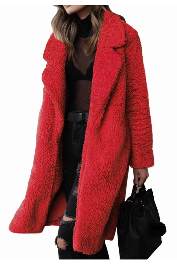 Women's Long Lapel Teddy Fleece Coat, Open Front Plush Jacket with Lining & Pockets for Fall Winter