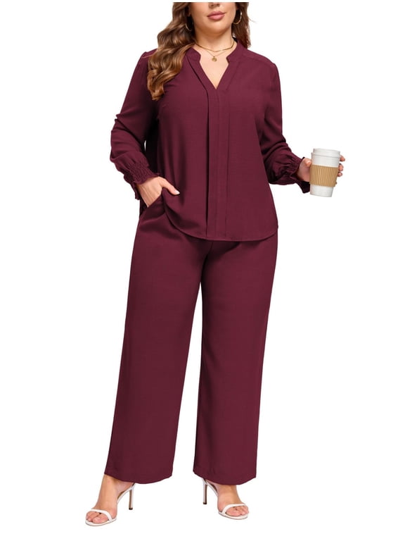 Women's Plus Size 2-Piece Matching Outfit Set — V-Neck Long Sleeve Blouse & Wide Leg Pants