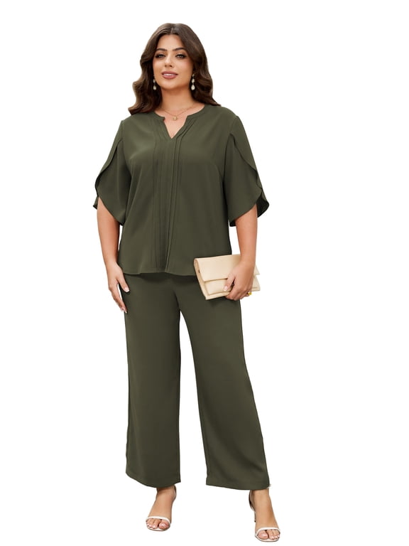 Plus Size Women 2 Piece Dressy Pant Suit, V Neck Pleated Blouse & Wide Leg Pants Formal Outfit for Wedding Guest