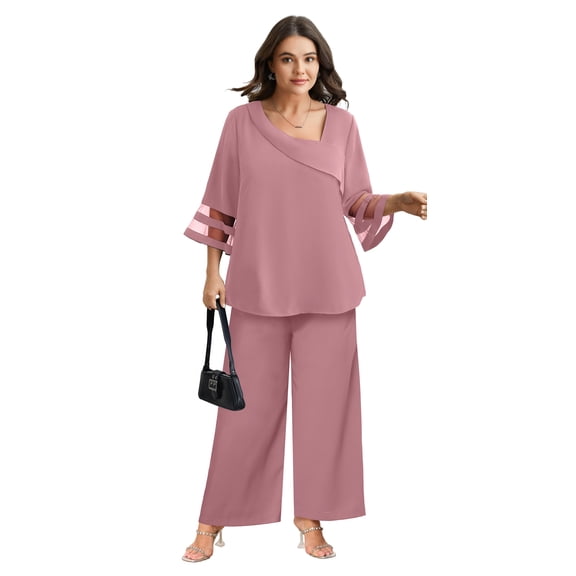 NAYTOAO Women's Plus Size 2 Piece Pant Set, Asymmetric Neck 3/4 Mesh Cutout Flared Sleeve Top Wide Leg Pants Outfit, Elegant Wedding Guest Suit for Office Party Holiday