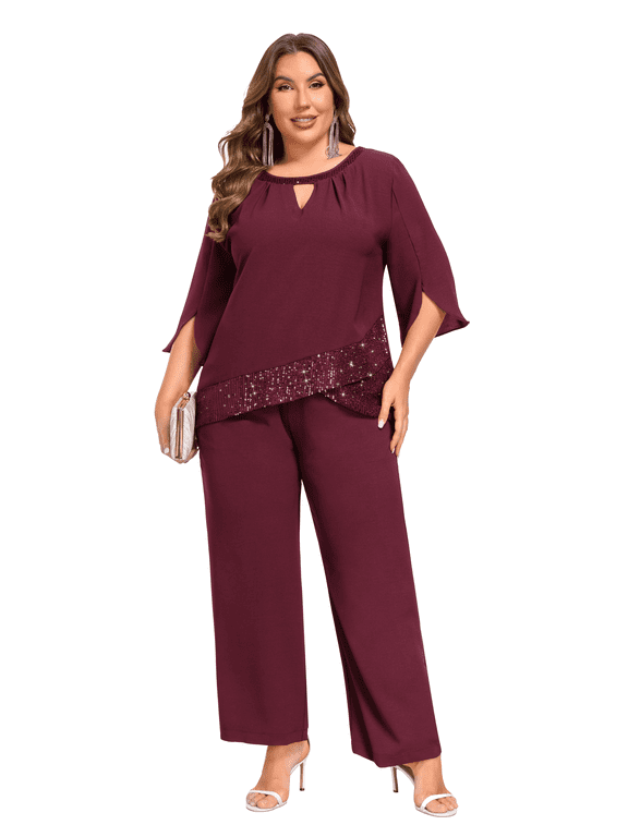 Women's Plus Size 2 Piece Pant Suit, Sequin Layer Keyhole Neck 3/4 Split Sleeve Top Elastic Waist Wide Leg Pants Outfit for Mother of Bride Wedding Guest