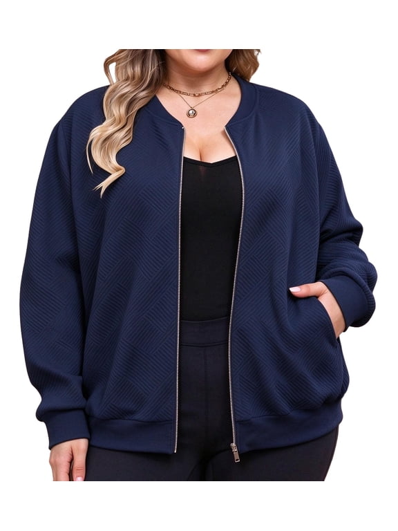 Women's Plus Size Fall Bomber Jacket, Lightweight Casual Zip-Up Outerwear with Pockets