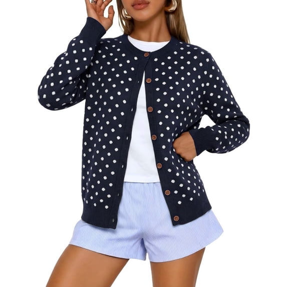 NAYTOAO Women's Polka Dot Cardigan Sweater, Crew Neck Button Down Long Sleeve Knit Open Front Casual Outerwear for Fall Winter
