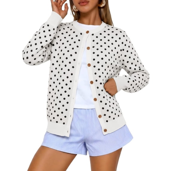 NAYTOAO Women's Polka Dot Cardigan Sweater, Crew Neck Button Down Long Sleeve Knit Open Front Casual Outerwear for Fall Winter