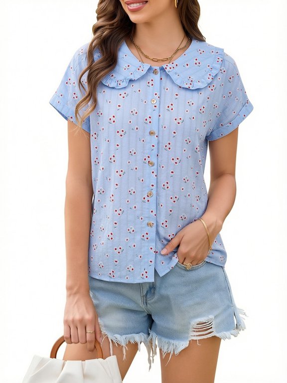 Women's Ruffle Peter Pan Collar Blouse, Short Cuffed Sleeve Button Down Ditsy Floral Striped Casual Shirt Tops