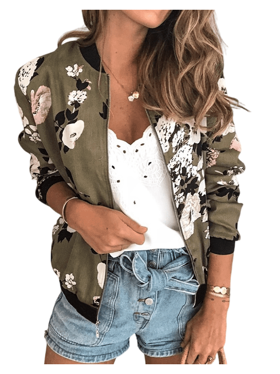 Women's Floral Print Bomber Jacket, Crew Neck Full Zip Long Sleeve Casual Lightweight Outerwear with Side Pockets