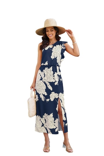 slim fit dress slacks Blue Floral Short Sleeve Midi Dress - All Dresses main image 1