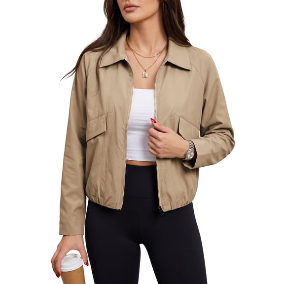NAYTOAO Women's Solid Collared Zip Up Cropped Jacket, Elastic Hem Casual Lightweight Outerwear
