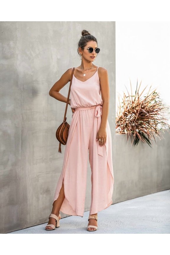Women's Spaghetti Strap V-Neck Jumpsuit, Belted Waist Split Wide Leg Flowy Summer Romper