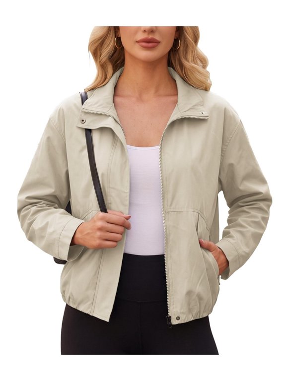 Women’s Stand Collar Windbreaker Jacket, Long Sleeve Full Zip Casual Outerwear for Fall Spring