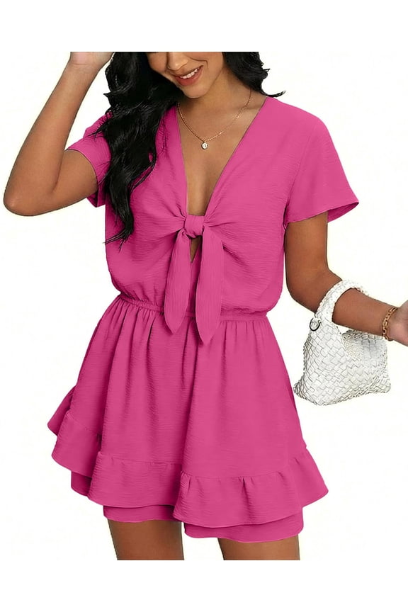 Women's Summer V Neck Bow Knot Skort Romper with Pockets