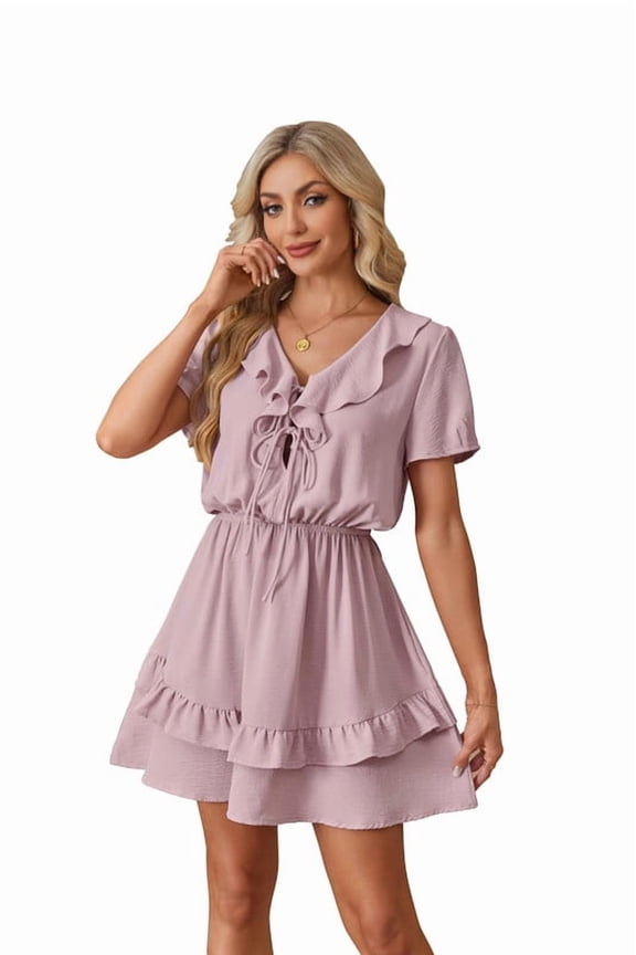 Women's Tie Front Mini Dress: V Neck Short Sleeve Layer Ruffle Hem Dress with Pockets