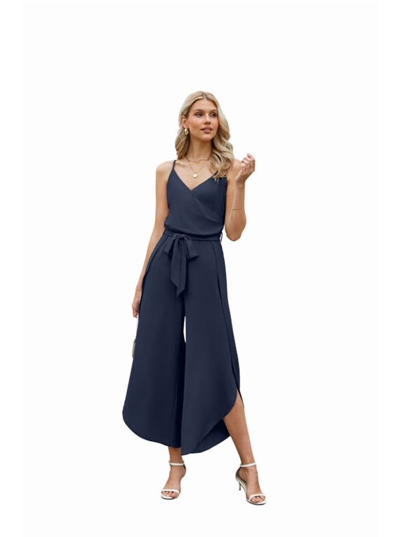 Women's V-Neck Spaghetti Strap Jumpsuit, Wrap Front Self Tie Waist Wide Leg Capri Jumpsuit, Smocked Back Split Hem Casual Romper for Daily Party Vacation