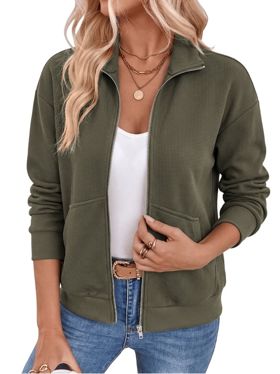 Women's Waffle Knit Full Zip Jacket, Lapel Collar Loose Fit Casual Sweatshirt Jacket With Kangaroo Pockets for Fall Daily Sports
