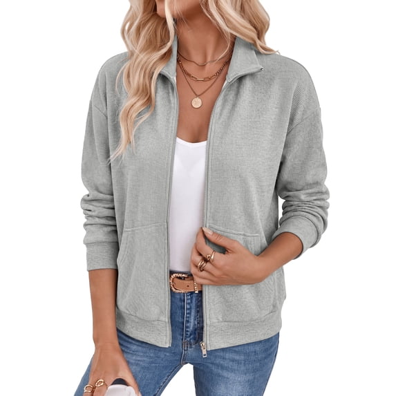 NAYTOAO Women's Waffle Knit Full Zip Jacket, Lapel Collar Loose Fit Casual Sweatshirt Jacket With Kangaroo Pockets for Fall Daily Sports