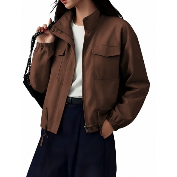 NAYTOAO Womens Zip Up Stand Collar Jacket Multi Pocket Drawstring Hem Outerwear