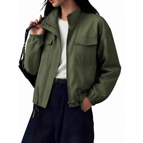 NAYTOAO Womens Zip Up Stand Collar Jacket Multi Pocket Drawstring Hem Outerwear
