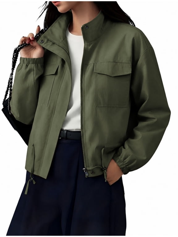 Womens Zip Up Stand Collar Jacket Multi Pocket Drawstring Hem Outerwear