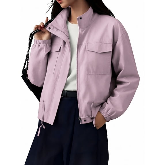 NAYTOAO Womens Zip Up Stand Collar Jacket Multi Pocket Drawstring Hem Outerwear