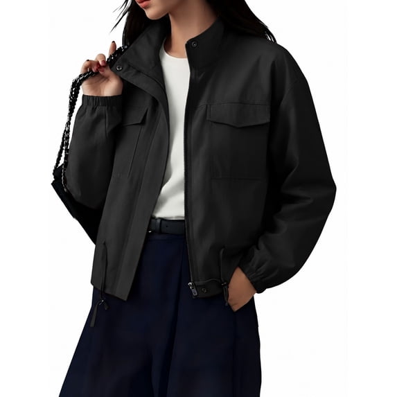 NAYTOAO Womens Zip Up Stand Collar Jacket Multi Pocket Drawstring Hem Outerwear