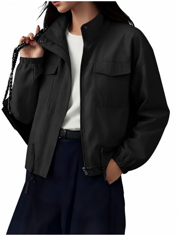 Womens Zip Up Stand Collar Jacket Multi Pocket Drawstring Hem Outerwear