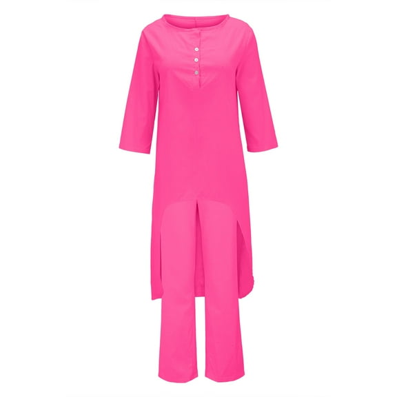NAZISHW 2 Piece Sets for Women Solid Color Cotton Linen Pant Sets Casual Long Sleeve Button T Shirt Loose Wide Leg Pants Set Fall Outfits (Hot Pink,S)