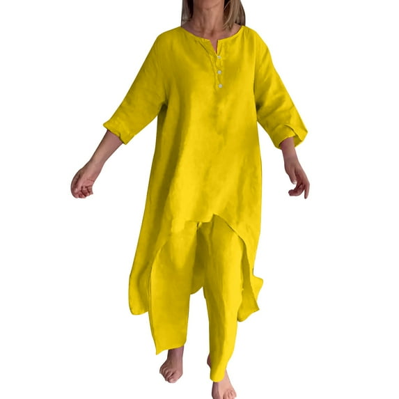 NAZISHW 2 Piece Sets for Women Solid Color Cotton Linen Pant Sets Casual Long Sleeve Button T Shirt Loose Wide Leg Pants Set Fall Outfits (Yellow,XXXXL)
