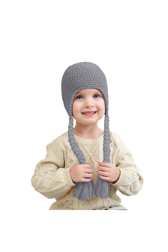 Baby Knitted Hat Winter Warm Boys Girls Beanie Fleece Lined Warm Hats Wool Ball Cap Braid Ear Plus Hat with Pompom Kids Knit Beanie Hat (Gray,One Size)