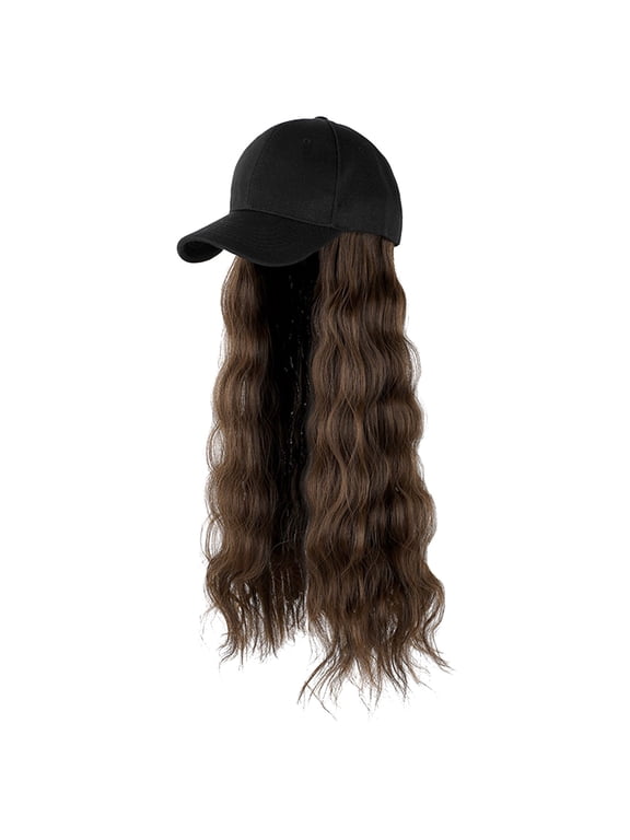Baseball Cap with Long Wig Hair Hat for Women Attached Adjustable Cap with Curly Long Wavy Synthetic Hair Extensions Hairstyle Wig Hats (B,One Size)