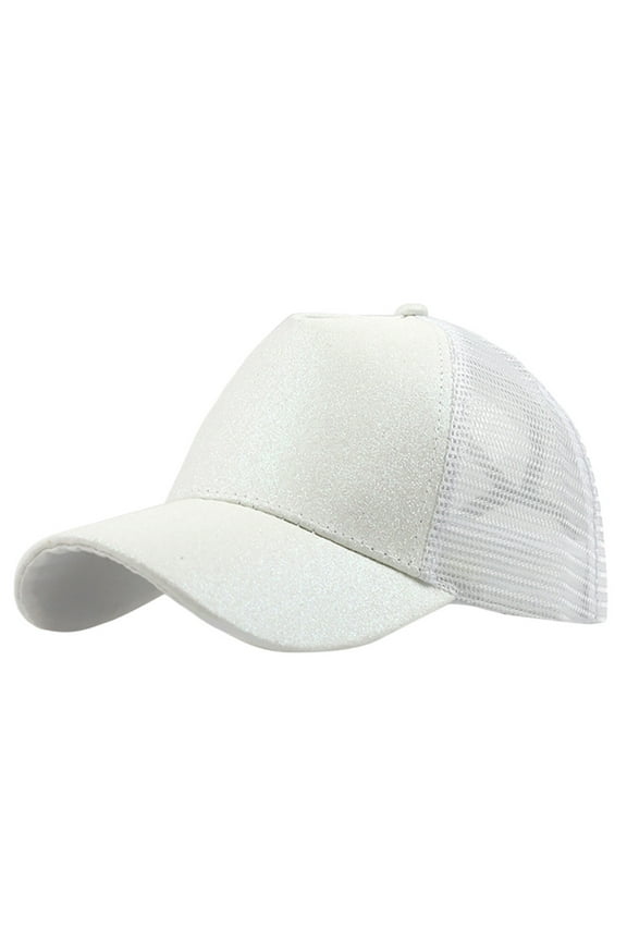 Baseball Cap Men Women Casual Trucker Hats Glitter Solid Color Ponytail Hat Unisex Adjustable Mesh Sport Hat Fashion Baseball Cap (White,One Size)