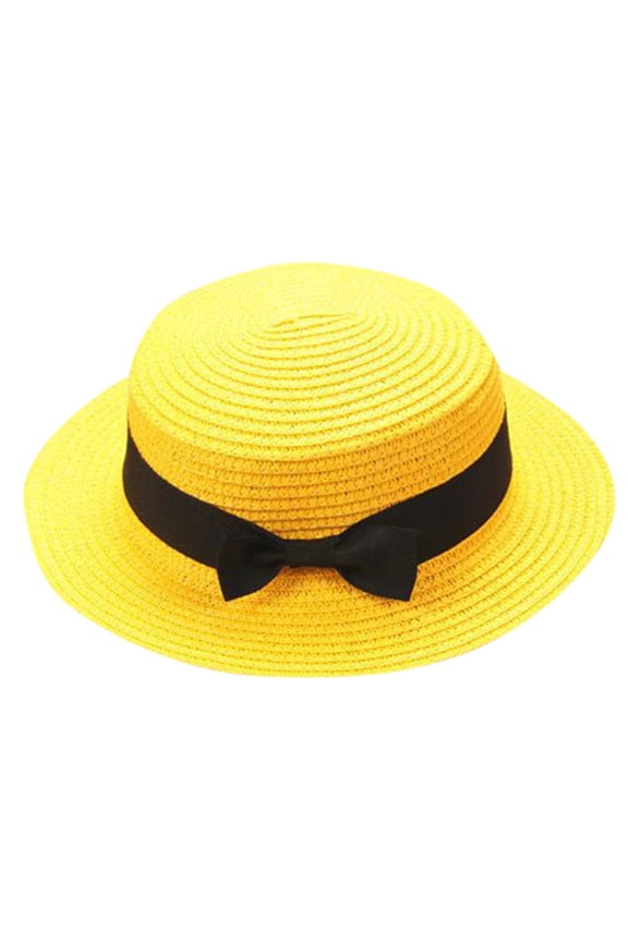 Flat Top Hats for Baby Girls Sun Hat Bowknot Straw Hat for Kids Boys Wide Brim Boater Hat Foldable Breathable Flat Top Beach Hats (Yellow,One Size)