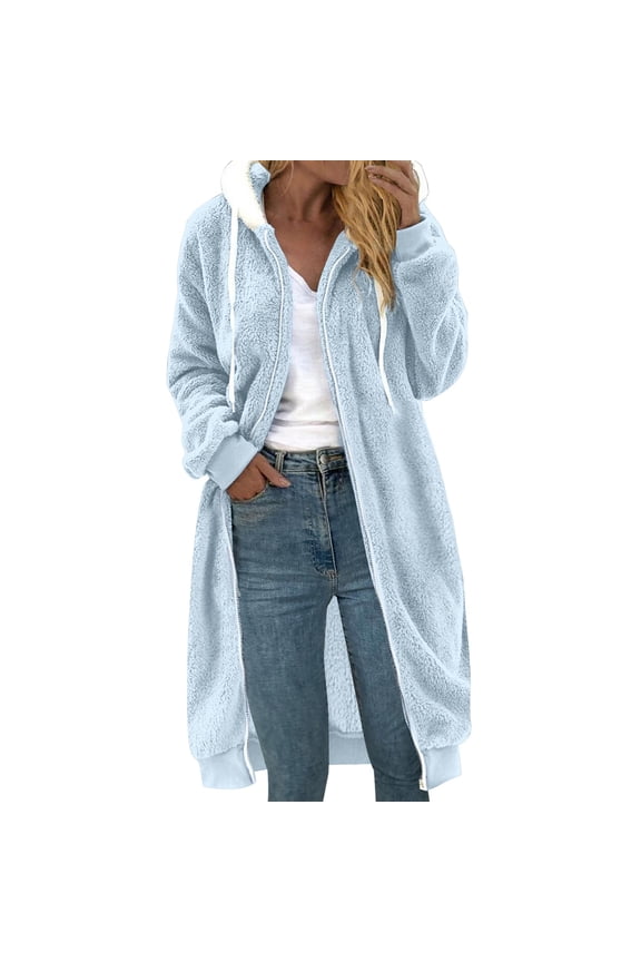 Fuzzy Fleece Jacket for Women 2024 Winter Coat Oversized Sherpa Cardigan Outwear Fur Warm Shagy Teddy Coats with Hood (Sky Blue,M)