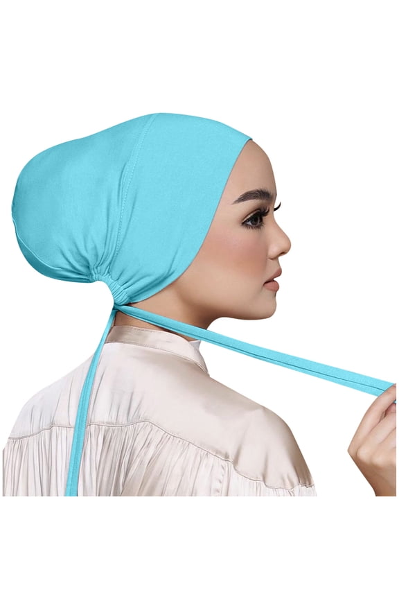Muslin Hijab Cap Women Casual Solid Color Multicolor Elastic Bottom Muslim Hijab Adjustable Stretchy Turban Islamic Elastic Head Cover (Light Blue,One Size)