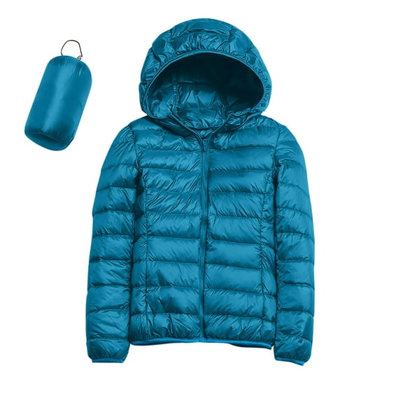 NAZISHW Packable Down Jacket Women Lightweight Full Zip Puffer Jackets Casual Warm Stand Collar Quilted Winter Coat with Hood (Blue,L)