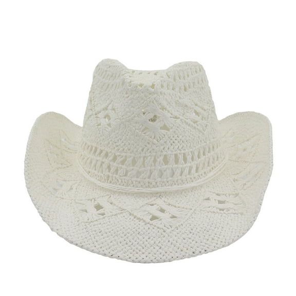NAZISHW Straw Cowboy Hat Women's Western Cowgirl Hat Men's Cowboy Hat Fashion Foldable Woven Sun Hat Western Vintage Wide Brim Fedora Hats (White,One Size)