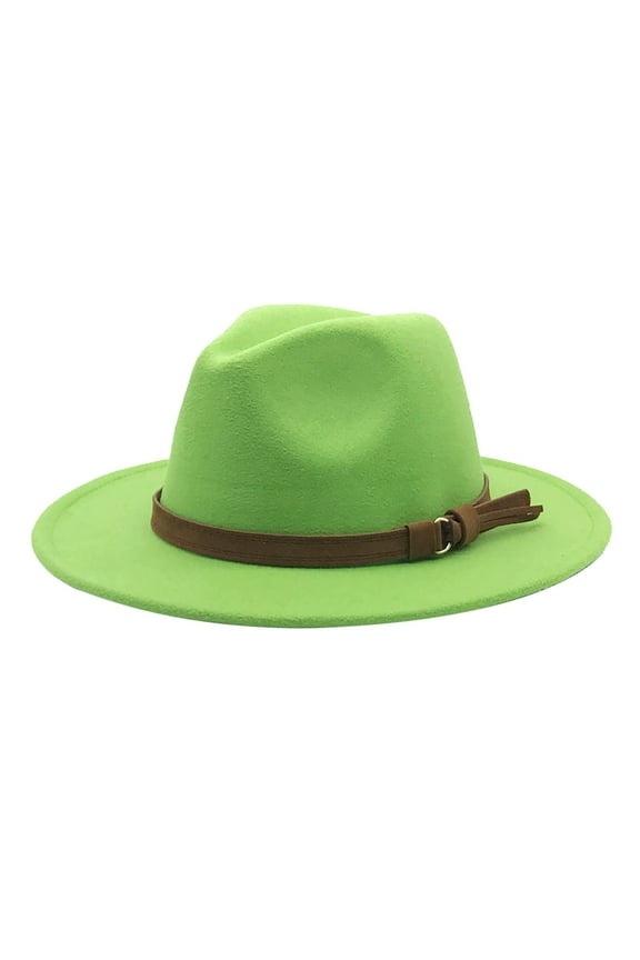 Vintage Wide Brim Fedoras Hat Women Classic Felt Fedora Wide Brim Hat with Belt Buckle Large Felt Panama Rancher Hat (Green,One Size)