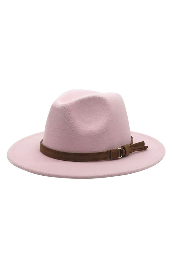 Vintage Wide Brim Fedoras Hat Women Classic Felt Fedora Wide Brim Hat with Belt Buckle Large Felt Panama Rancher Hat (Pink,One Size)